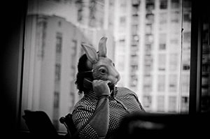 Executivo fantasiado com uma máscara de coelho falando ao telefone